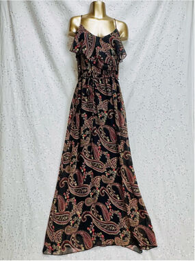 Behave Paisley Maxi Dress Size Medium Black Boho Ruffle Overlay Sleeveless USA